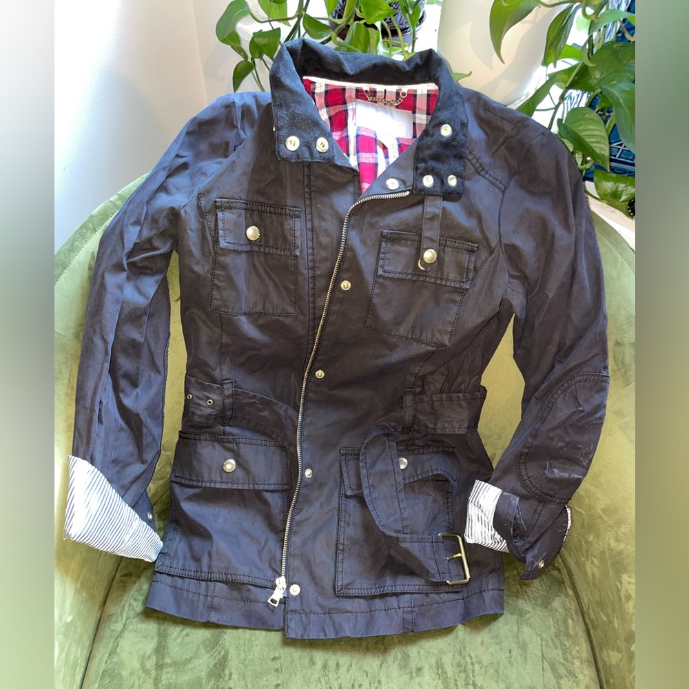 Banana Republic Black Belted Military Jacket Plaid and Striped Patterned Lining